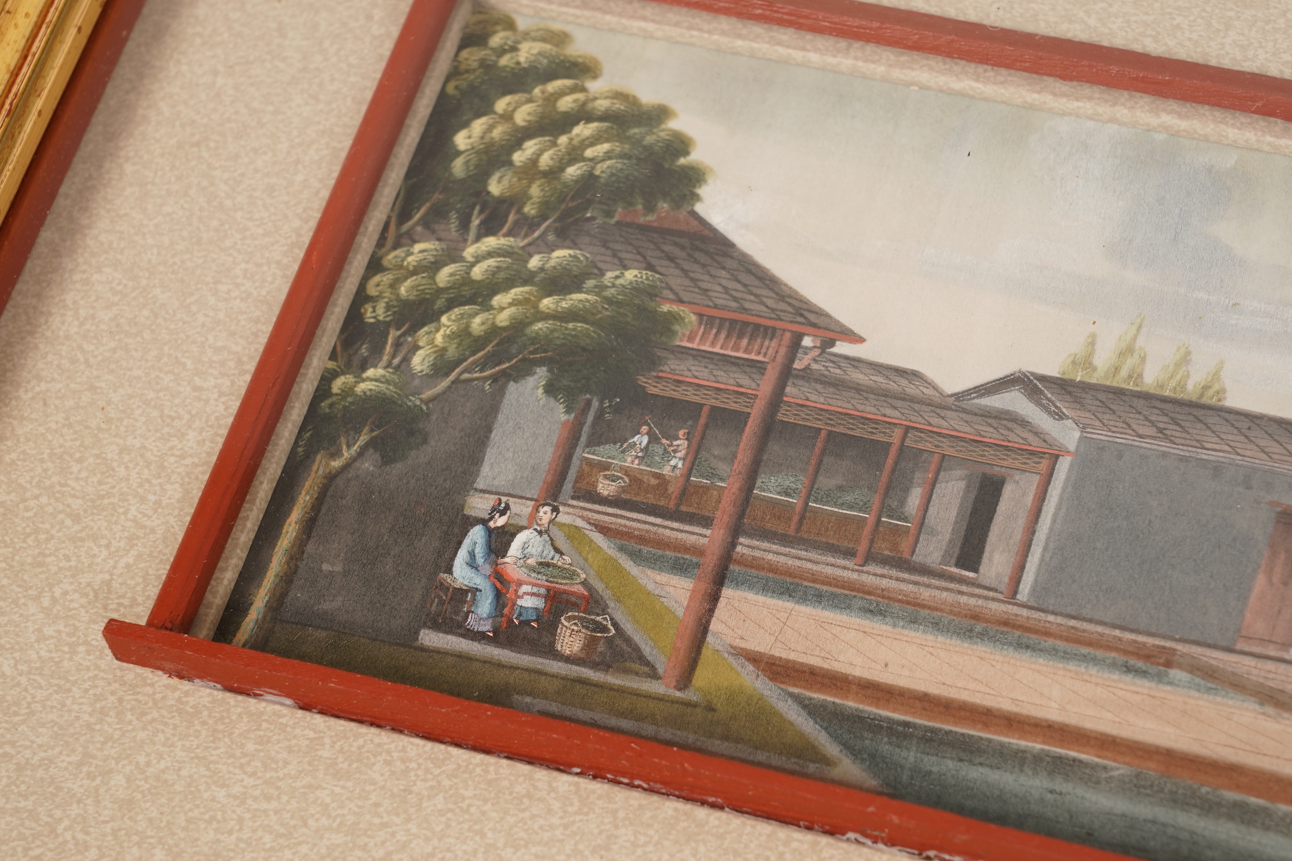 Circle of Youqua , Chinese (Mid 19th century), Scenes of rice or tea production, Six watercolours on pith paper, Image 12cm x 22.5cm